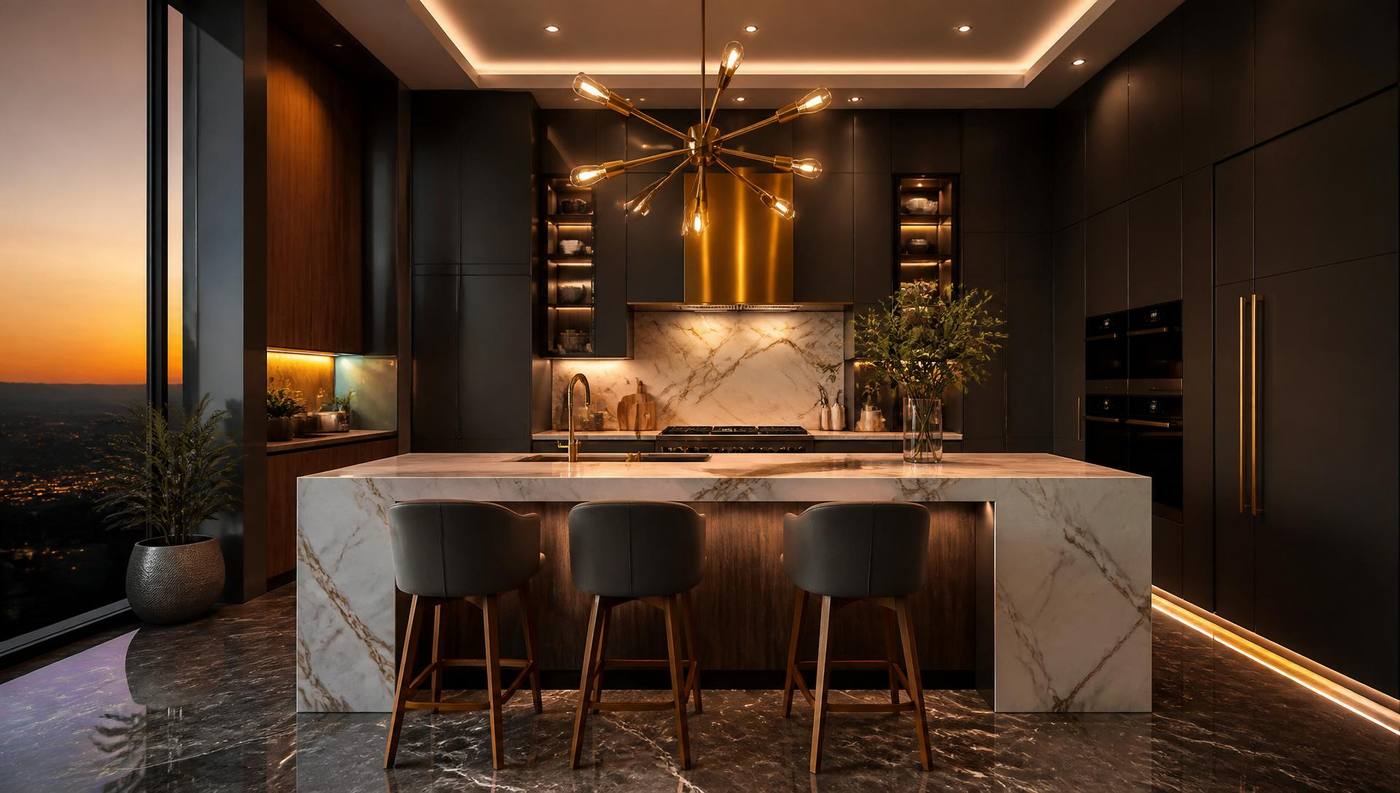 Signature modern luxury kitchen with marble waterfall island and brass chandelier